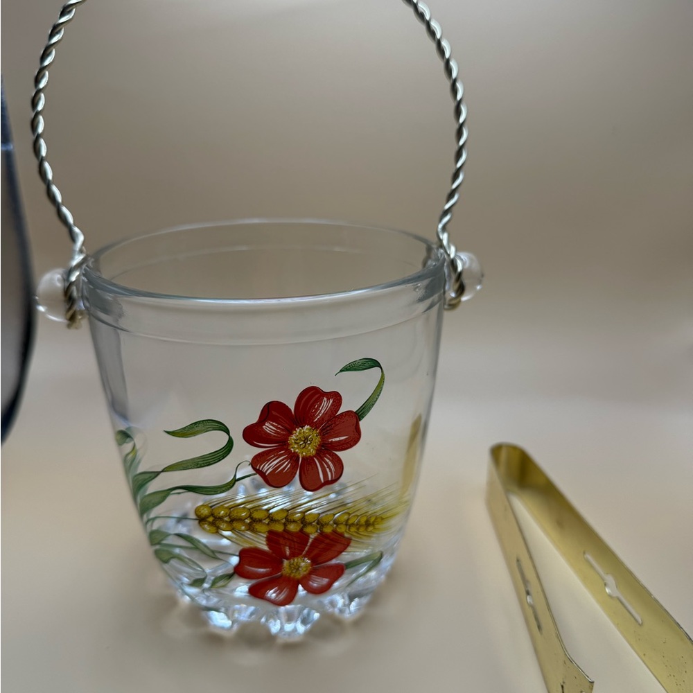 MCM glass ice bucket with brass handle and tongs